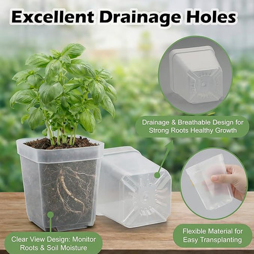 120 Packs Square Clear Nursery Pots with Drainage, 2.7 Inch Plastic Seedling Pots for Indoor Plants, Thickened Small Transplant Pot for Seed Starting Succulents Vegetables Lettuce Flowers