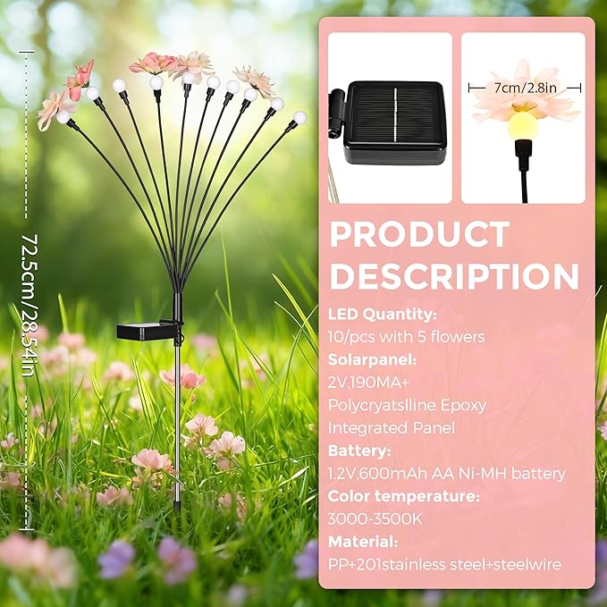 Solar Garden Lights, Warm White LED Swaying Solar Flowers Light for Outside, Waterproof Garden Decor, Outdoor Decorative Lights Yard, Patio, Pathway Decoration Gardening Gifts (2 Pack)