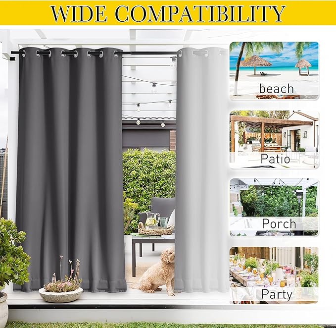 NICETOWN 2 Panels Outdoor Curtains for Patio Waterproof & Windproof, Extra Wide Grommet & Back Tab on Top & Bottom Thermal Insulated Sun Blocking Drapes with Rope for Gazebo, Grey, W100 x L108