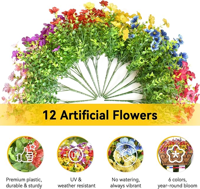 ZeeDix Railing Planter Boxes with Artificial Flowers, 2 Pack 16 Inch Window Box Planter with 24 Pack Fake Flowers for Deck Porch Patio Balcony Garden Home Decor