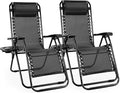 Sweetcrispy Zero Gravity Chairs, Set of 2 Portable Recliner Beach Camping Patio Outdoor Folding Lounge Chair with Cup Holder Trays and Adjustable Pillow for Poolside, Garden, Backyard, Lawn (Black)