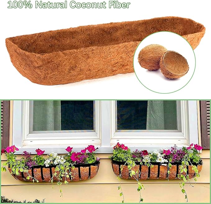 Coco Liners for Planters - 4 Pack 24 Inch Trough Coconut Liners for Planters, Window Box Coco Liners, 100% Natural Coconut Fiber Liners for Wall Hanging Basket, Window Box, Fence Baskets