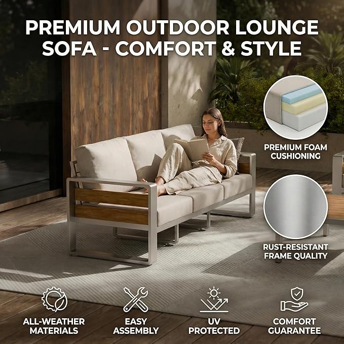ZANDOR Outside Aluminum Lawn Furniture - 1 Pcs Loveseat, All-Weather Metal Modern Outdoor Loveseat Sofa with Washable Thick Cushion for Garden/Backyard/Porch, Silver