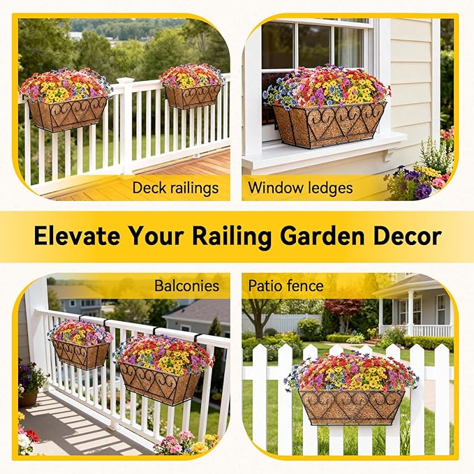ZeeDix 16 Inch Artificial Flowers Hanging Railing Window Planter Box, 12 Pcs UV Resistant Fake Look Real Flowers with Heart-Shaped Deck Railing Planter Boxes for Porch Patio Balcony Garden Home Decor