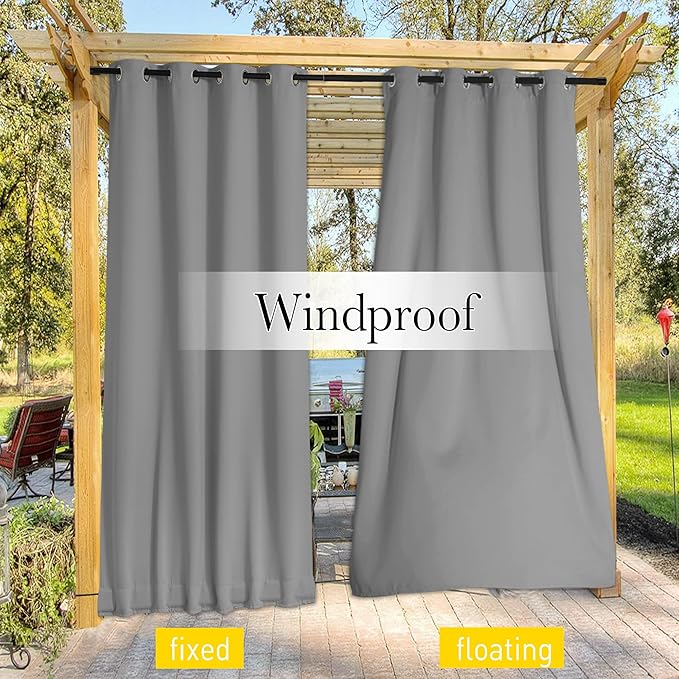 NICETOWN 2 Panels Outdoor Curtains for Patio Waterproof & Windproof, Grommet & Back Tab on Top & Bottom Weighted Drapes Keep Sun/Rain Out with Bouns Rope for Deck, Light Grey, W84 x L95