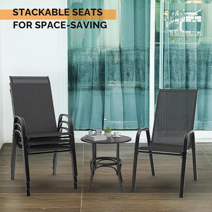 VINGLI 4 Pack Stackable Outdoor Bar Chairs – High Back Sling Chairs with Armrests, Ideal for Lawn, Courtyard, Bar, Black