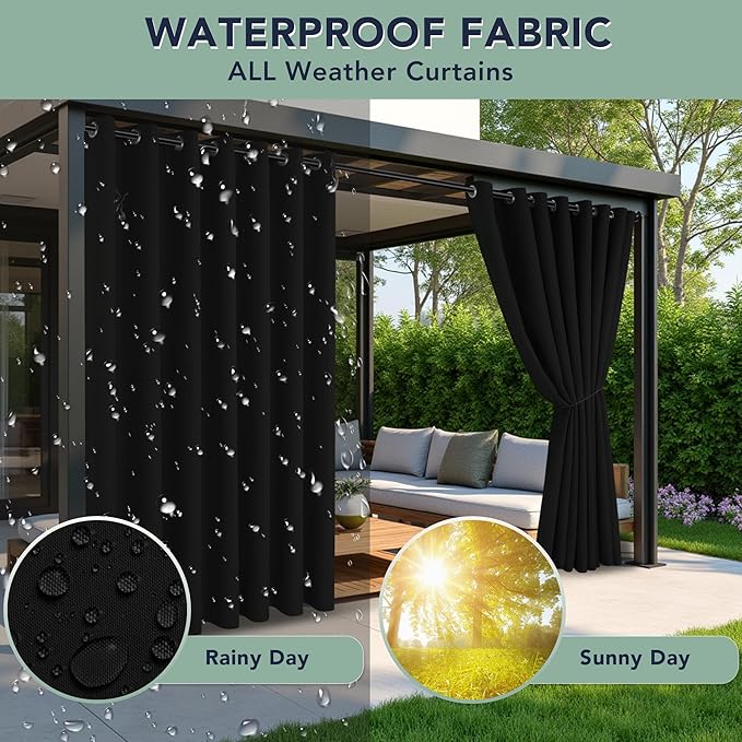Black Outdoor Curtains for Patio Waterproof - 8 Panels Privacy Weatherproof Outside Curtains with Grommets for Pergola, Gazebo, Porch, Cabana, Balcony, 54 x 95 Inch