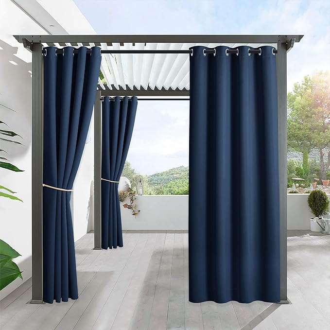 RYB HOME Outdoor Curtains for Patio Waterproof Block Sunlight Thermal Insulated Privacy Assured Thick Outside Curtains for Porch, Gazebo, Pergola, W52 x L84, Navy Blue, 1 Panel