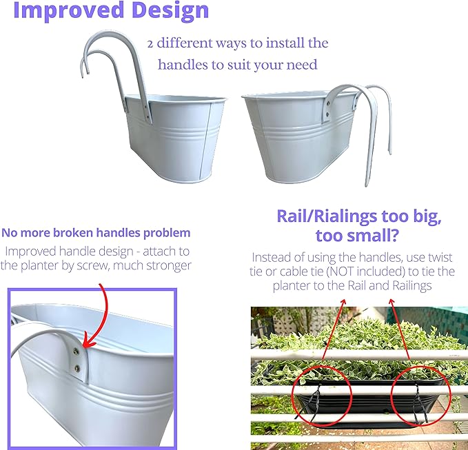 LaLaGreen Outdoor Rail Planter (4 Pack, 11.8 Inch) Metal Iron Hanging Flower Pots Deck Railings Fence Buckets Modern Countryside Boho Style White Wall Mount Window Box Plant Holder Hooks Porch Decor
