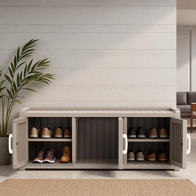 3 Doors Shoe Bench, Waterproof & UV-Resistant, Resin Shoe Cabinet Indoor & Outdoor Use, Entryway Bench with Adjustable Shelves & Hidden Storage Space for Bedroom, Hallway, Grey