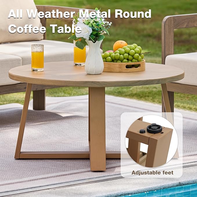Indoor Round Coffee Table with 35.5” Woodgrain Finish Table Top, Outdoor Metal Modern Side Table 125lbs for Backyard Porch Balcony Living Room, Brown
