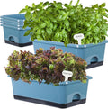 Window Box Planter 6 Pcs, 17 Inches Rectangle Flower Pots with Drainage Holes and Trays, Vegetable Planters for Windowsill Patio Garden Balcony Home Indoor Outdoor (Blue, 18 * 10 * 6 inch)