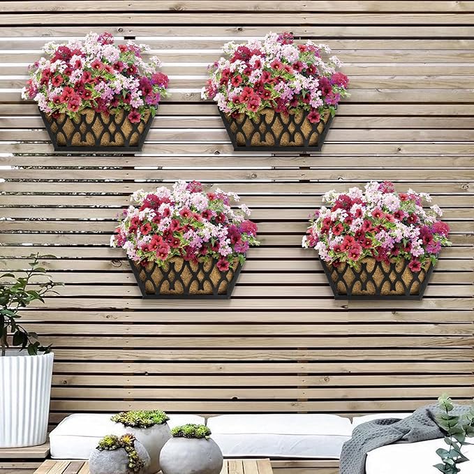 4 Pack 14 Inch Window Boxes Planters Railing Planter Box with Coco Liners Deck Railing Planter Boxes Balcony Hanging Flower Box for Outdoor Plants Garden Decor