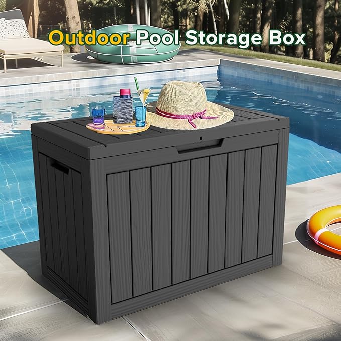 46 Gallon Outdoor Deck Box, Lockable Waterproof Outdoor Storage Boxes For Garden Tools,Indoor Cushions,Accessories Outside Storage Resin Weatherproof Container(Black)