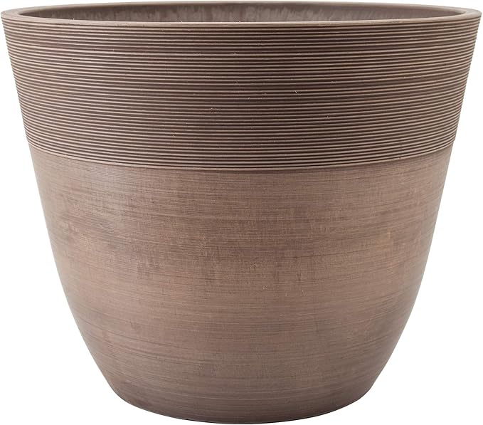 PSW Pot Collection FM40TP 16-inch Plastic/Stone/Wood Composite Large Ribbed Planter – No Drainage Hole (Drillable), Indoor/Outer Garden Pot for Foliage, Trees, Flowers, Ferns, Taupe
