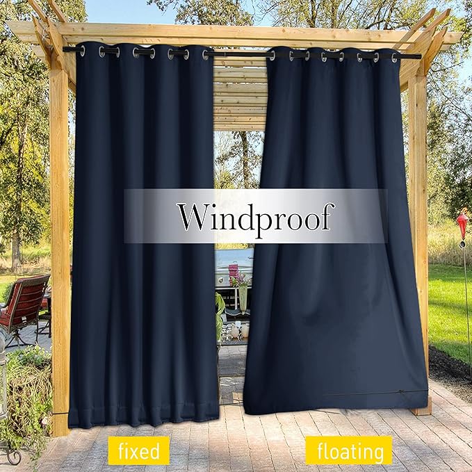 NICETOWN 2 Panels Outdoor Curtains Waterproof for Patio, Thermal Insulated Top & Bottom Grommet & Back Tab Light Blocking Outdoor Drapes, Windproof with Bouns Rope, W52 x L120, Navy Blue