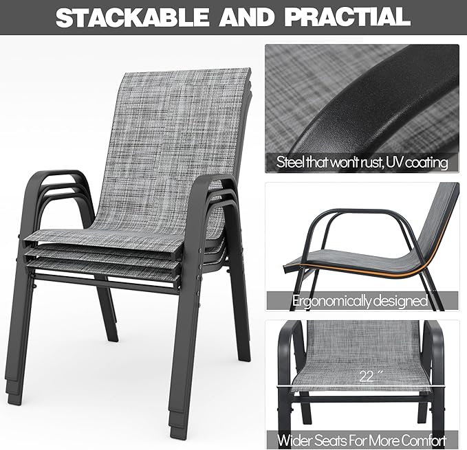 Patio Chairs Set of 6, Stackable Outdoor Dining Chairs for All Weather Textilene Fabric & Metal Frame, Outdoor Chairs Set for Backyard Deck Garden