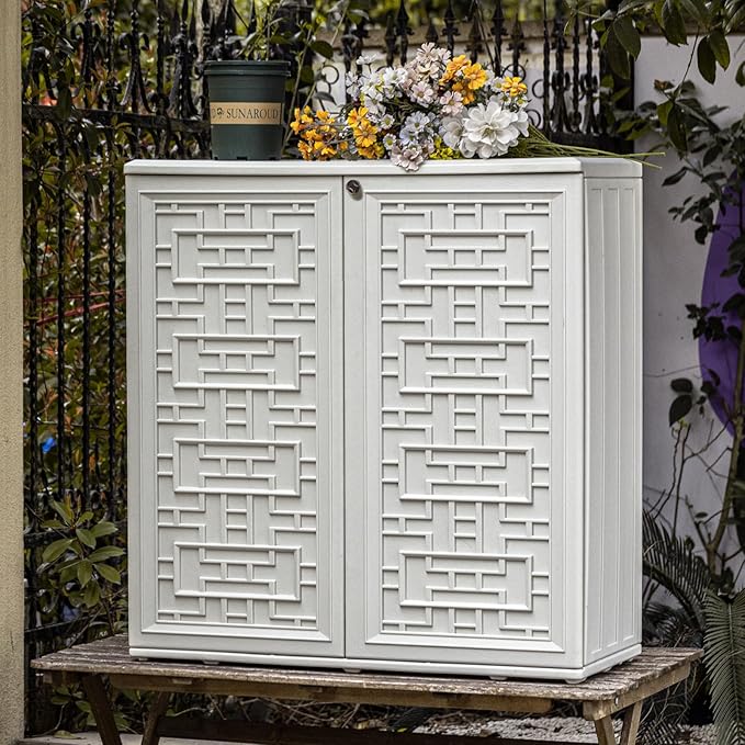 Indoor Outdoor Storage Cabinet Waterproof with Shelf, Off White Plastic Outdoor Cabinets for Patio/Garden/Backyard, Size 34.3''L*15''W*36.2''H