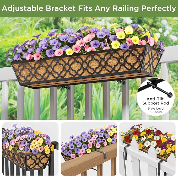 Y&M 30 Inch Window Deck with Coco Liner, Fence Metal Hanging Flower Planter Window Basket Deck Railing Planter Boxes for Outdoor Garden Lawn,6pcs