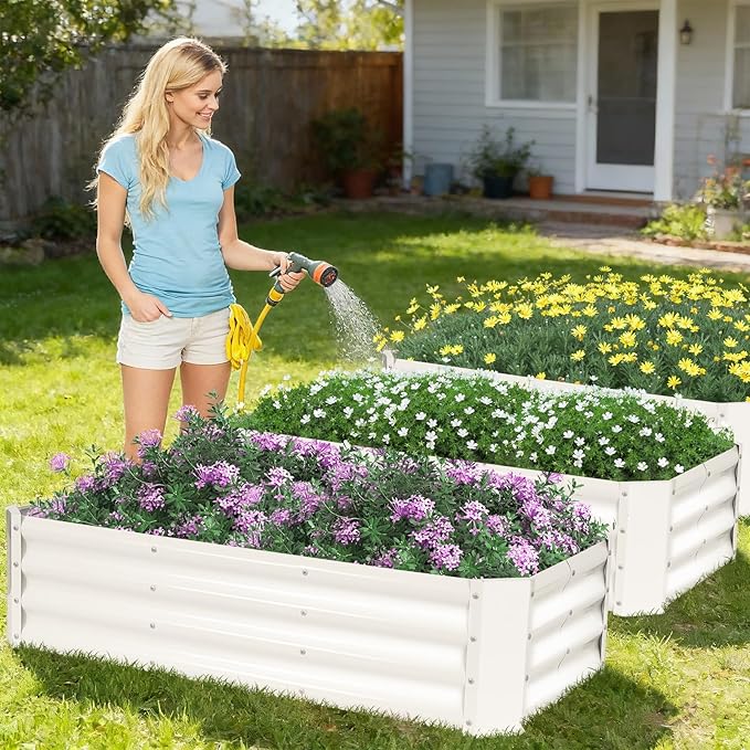 ZORMY 2 Pcs 4x2x1ft Galvanized Raised Garden Bed Outdoor, Metal Planter Boxes with Easy Assembly, Planter Raised Beds for Gardening, Flower, Plants, Vegetable, Herb - White