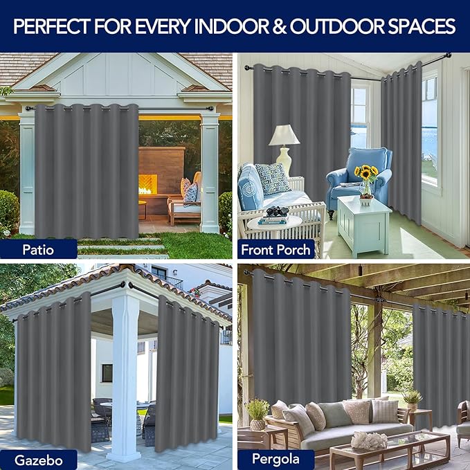 PureFit Outdoor Curtains for Patio Waterproof Weatherproof, UV Resistant Outside Curtains for Gazebo, Front Porch, Pergola, Sun Blocking Privacy Curtain, 100W x 95L inch, 1 Panel, Gray