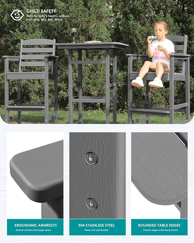 SERWALL 4 Pieces Outdoor Patio Bar Set with 9ft Umbrella, Outdoor HDPE Barstool and Table Furniture Set with Patio Umbrella, Gray