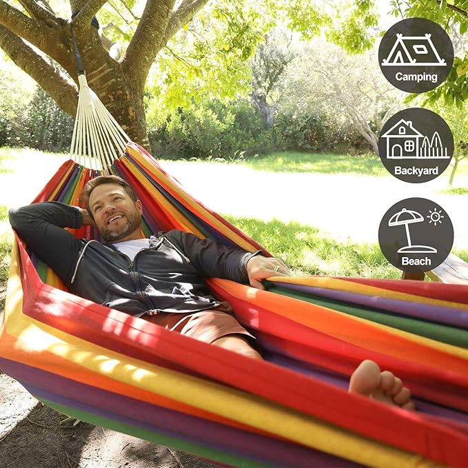 Brazilian Double Hammock with Tree Straps,Extra Large 94x63IN,2 Persons Hammock for Backyard Patio Outdoor and Indoor,450lbs Weight Capacity,Soft Woven Cotton Fabric - Beige Brown Stripe