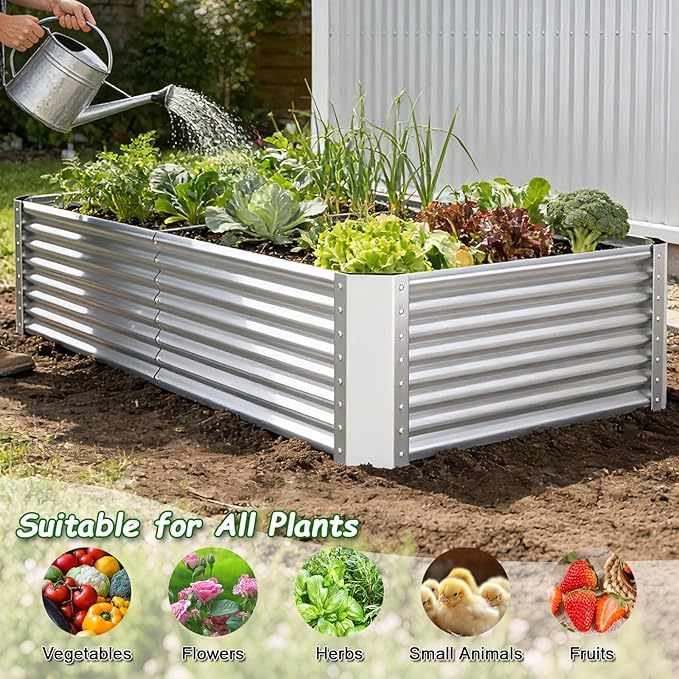 Galvanized Raised Garden Bed Kit Outdoor Patio,8x4x2ft Large Rectangular Metal Planter Boxes,Deep Root Box Planter for Gardening, Vegetables, Flowers, Herbs, 1 Pack, Silver