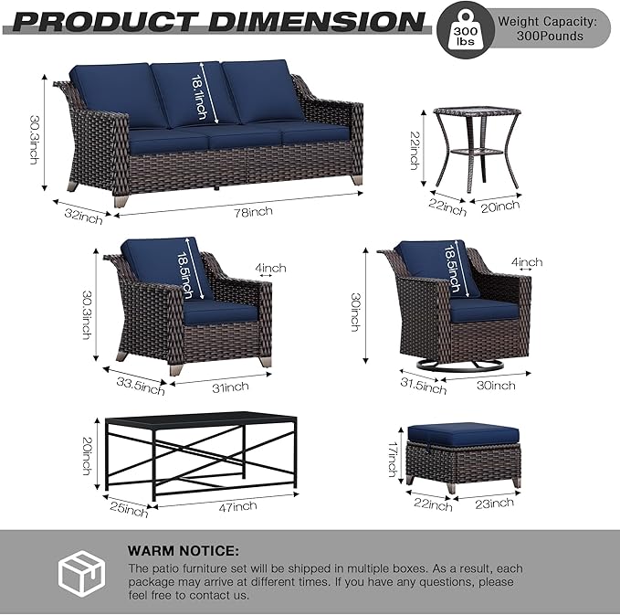 Joyside Wicker Patio Furniture Sets, 6 Pieces Upgraded Large Size Outdoor Furniture with Patio Dining Chairs, 3-Seat Sofa and Outdoor Ottoman, Thick Cushions, Wide Armrest