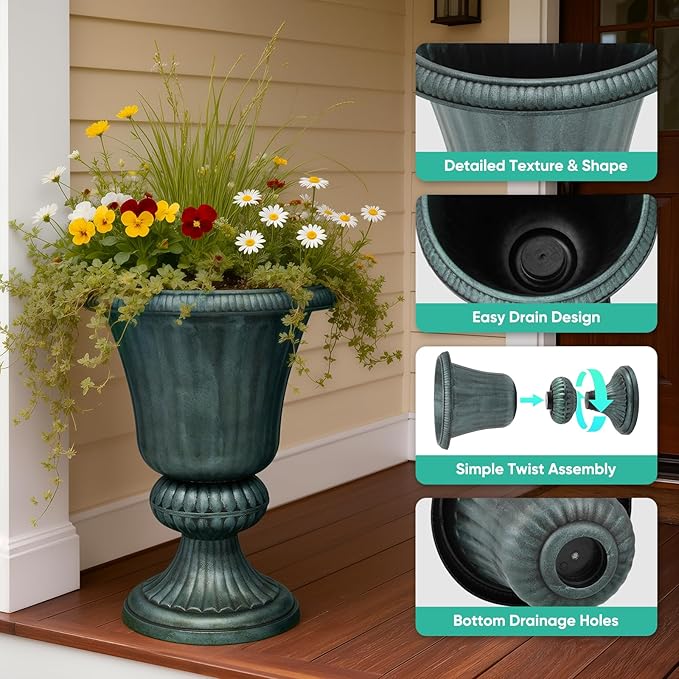 Athena Collection 20''H Bronze Garden Plastic Urn - Vintage Tall Large Planter for Indoor Outdoor Patio Porch, 2 Pieces Flower Pot, Dark Green