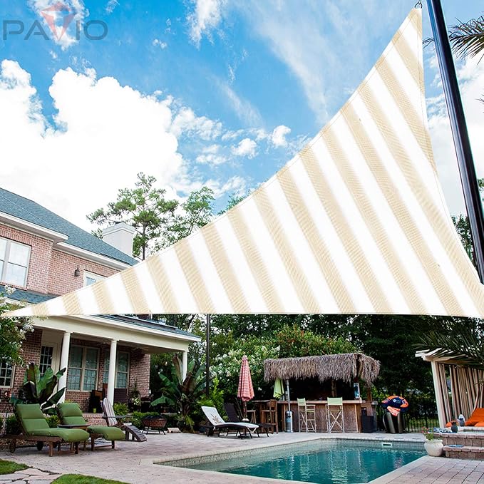 Patio Paradise 8' x 8' x 8' Sun Shade Sail Triangle Canopy Shade Cloth Fabric Sunlight Block Patio Pergola Cover HDPE Deck Awning for Outdoor Backyard Roof Shading, Beige White Strip
