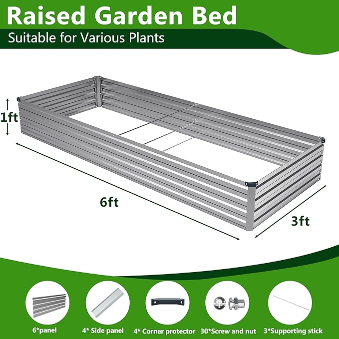 2PCS 6x3x1ft Galvanized Raised Garden Bed Kit, Galvanized Planter Raised Garden Boxes Outdoor, Large Metal Raised Garden Beds for Vegetables,Silver