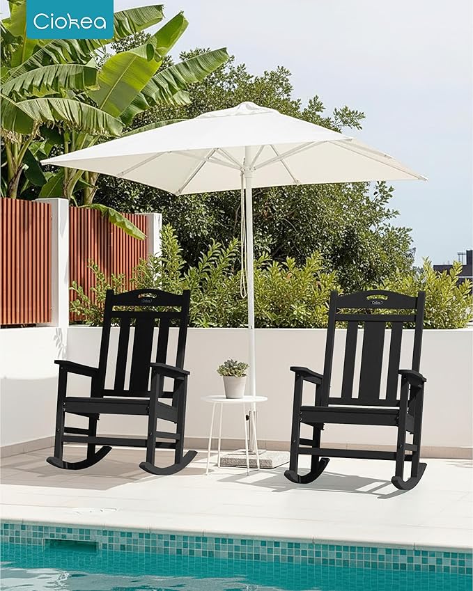 Ciokea Oversized Outdoor Rocking Chairs Set of 2, 380lbs Heavy-Duty Large Patio Rocker, High Back Cozy Porch Chairs, Weather Resistant Patio Rocking Chairs for Outside, Fire Pit, Deck, Black