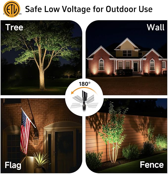 Gardenreet Brass Landscape Lighting - Black Outdoor Low Voltage Spotlights LED, 12V Wired Uplights, Waterproof Spot Lights for Outside Trees with 5W 5000K Daylight MR16 Bulb (4 Pack)