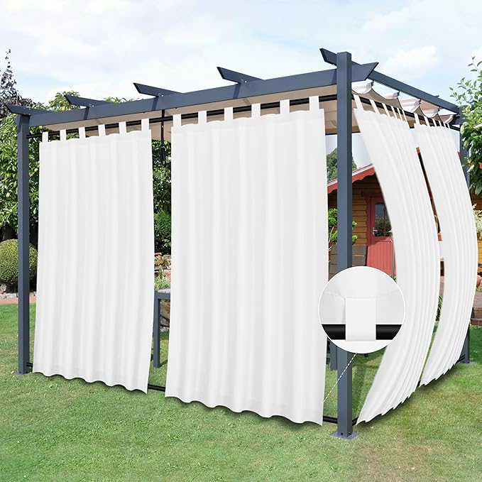 Easy-Going Outdoor Patio Curtains Detachable Tab Top Windproof Weatherproof Curtain for Cabana, Porch, Pergola and Gazebo, Tab Bottom Drape, 2 Panels, 54W x 108L inch, White