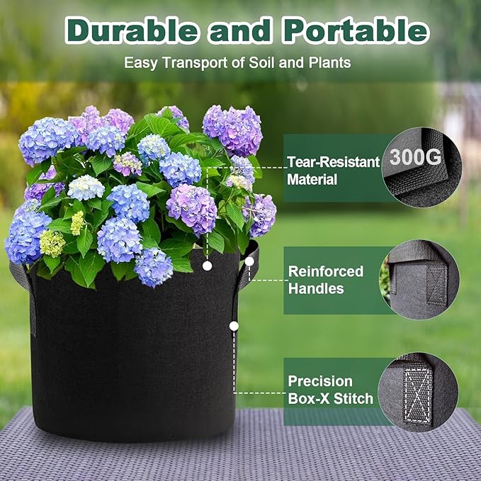 5 Pack 7 Gallon Grow Bags with Handles, Thickened Aeration Nonwoven Fabric Garden Growing Bags Heavy Duty 300G for Tomato, Potato, Strawberry, Vegetable, Fruits and Flowers
