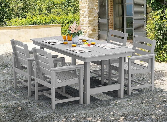 SERWALL Patio Dining Table Sets 5-Piece, Outdoor HDPE Dining Furniture Set with Umbrella Hole Cut-Out Table and 4 Chairs, All Weather Dining Set for Lawn, Garden, Backyard, Poolside, Light Gray