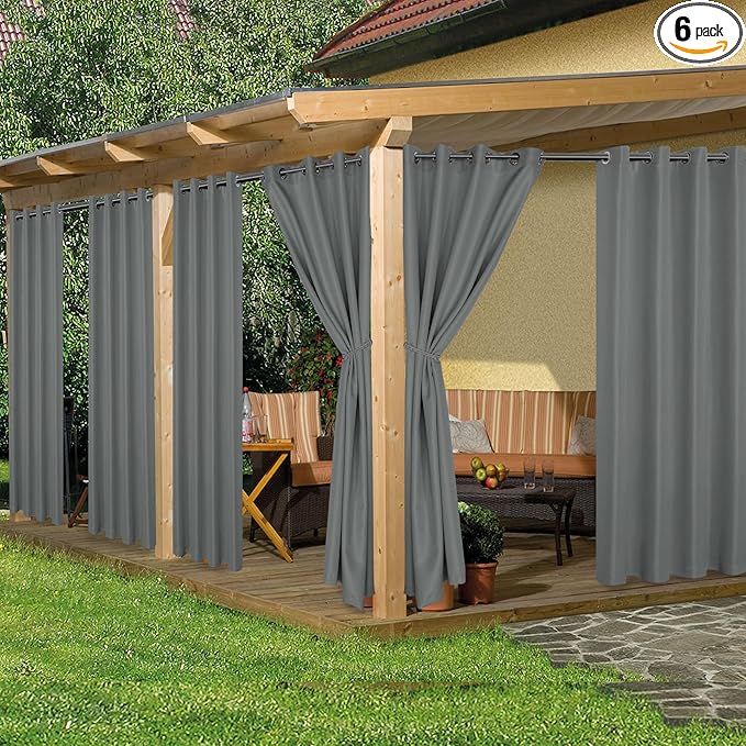 HolidayIdeas Outdoor Curtains for Patio Waterproof, 6 Panels - 54x95 Inches - Weatherproof Privacy Outsides Curtains for Cabana Porch Pergola, Sunlight & UV Blocking (Grey, Grommet Top)