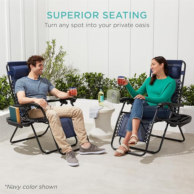 Best Choice Products Set of 2 Adjustable Steel Mesh Zero Gravity Lounge Chair Recliners w/Pillows and Cup Holder Trays - Peacock Blue
