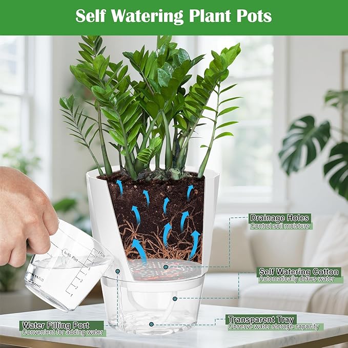 KIMCHOMERSE Self Watering Plant Pots, 4.7 Inch Plant Pots 3 Pack Indoor Planter Pots with Drainage Holes and Tray for Home Decor（White, Pink, Blue）