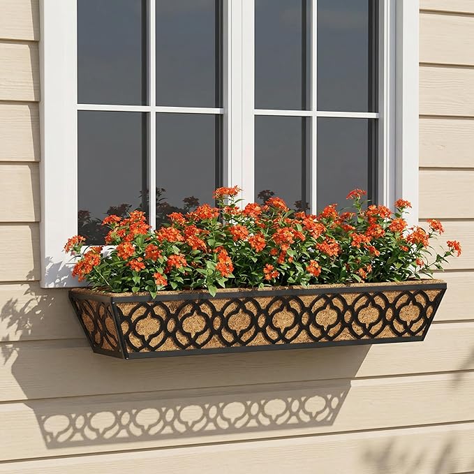 Y&M 30 Inch Window Deck with Coco Liner, Fence Metal Hanging Flower Planter Window Basket Deck Railing Planter Boxes for Outdoor Garden Lawn,6pcs