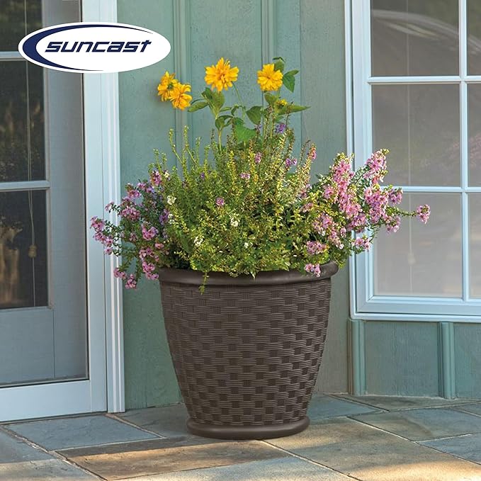Suncast Sonora 18 Inch Lightweight Durable Plastic Wicker Decorative Flower Planter Pot for Yard, Garden, Indoor or Outdoor Use, Brown