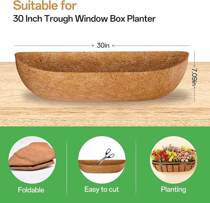 ZeeDix 30 Inch Trough Coconut Liners for Planters - 100% Natural Coconut Coir Fiber Planter Liners Replacement for Window Boxes, Wall Baskets, Deck Flower Boxes, Garden Railing Fence Troughs (2-Pack)