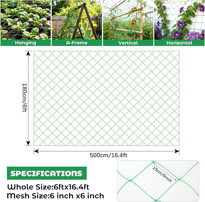 DECYOOL Trellis Netting for Climbing Plants, Garden Trellis Netting Plant Support Net 1.8 x 5 m Heavy Duty Nylon Climbing Vine Net for Outdoor Vegetables