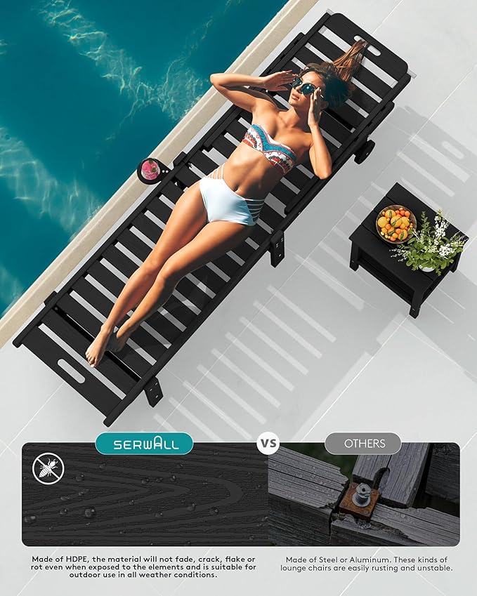 SERWALL Patio Chaise Lounge Chair Set of 4, HDPE Outdoor Lounge Chair with Cup Holder, 5 Positions Adjustable Poly Lounger with Rolling Wheels for Poolside, Deck, Sunbathing, Black