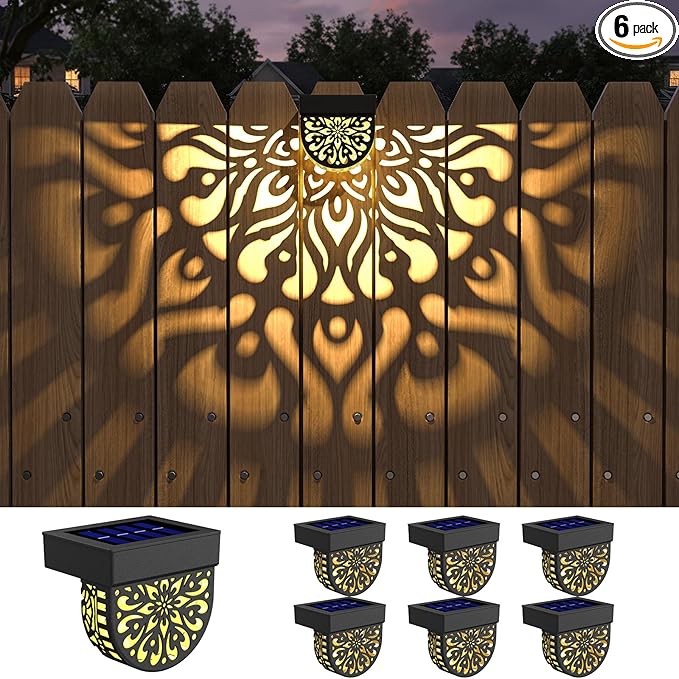 6 Pack Solar Fence Lights Outdoor Wall Lights Plastic Solar Powered Deck Step Stair Lights Mandala Theme Waterproof Fence Solar Light for Garden Post Patio Yard Decor, Gardening Gifts for Women Mom