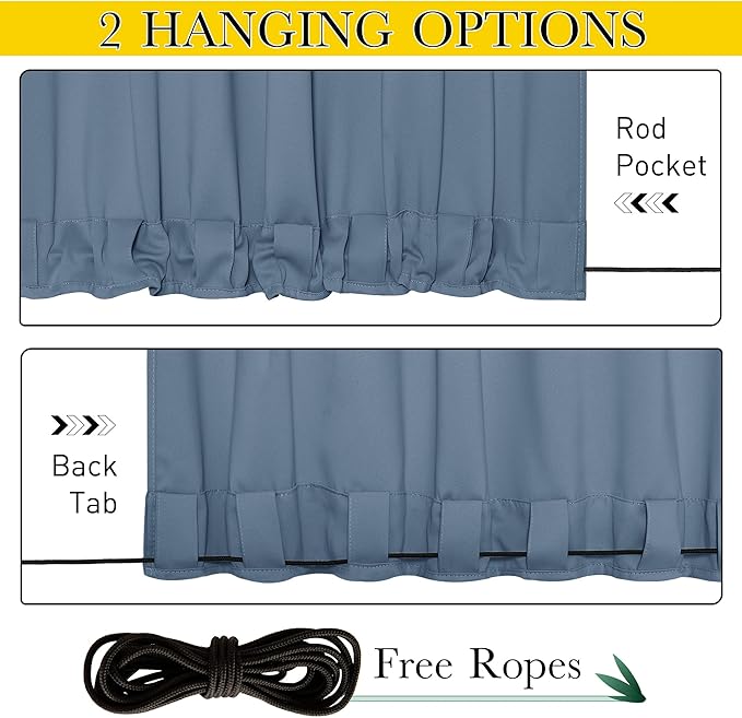 NICETOWN 2 Panels Outdoor Curtains for Patio Waterproof & Windproof, Extra Wide Grommet & Back Tab on Top & Bottom Thermal Insulated Sun Blocking Drapes with Rope for Deck, Stone Blue, W100 x L95
