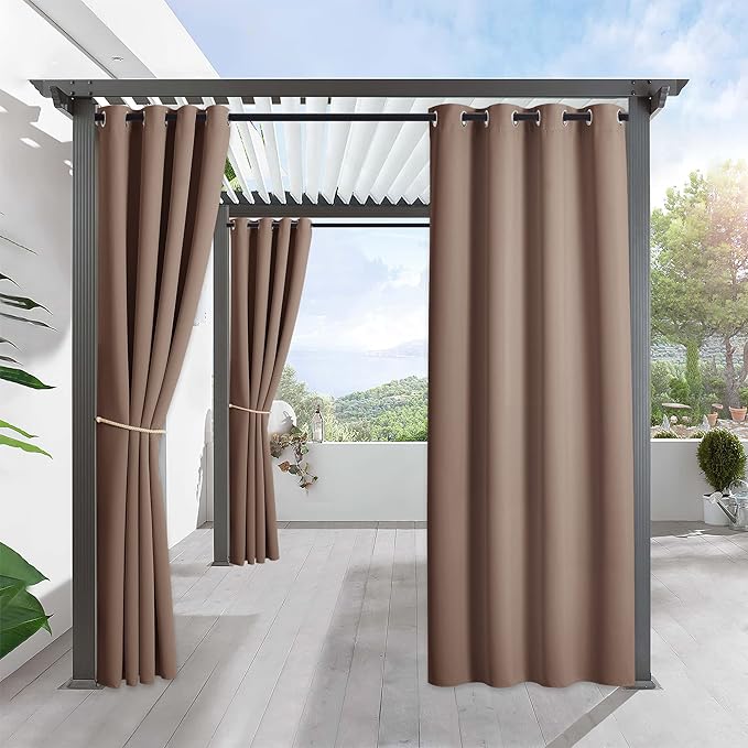 RYB HOME Outdoor Curtains for Patio Waterproof Block Sunlight Thermal Insulated Privacy Assured Thick Outside Curtains for Porch, Gazebo, Pergola, W52" x L95", Mocha, 1 Panel