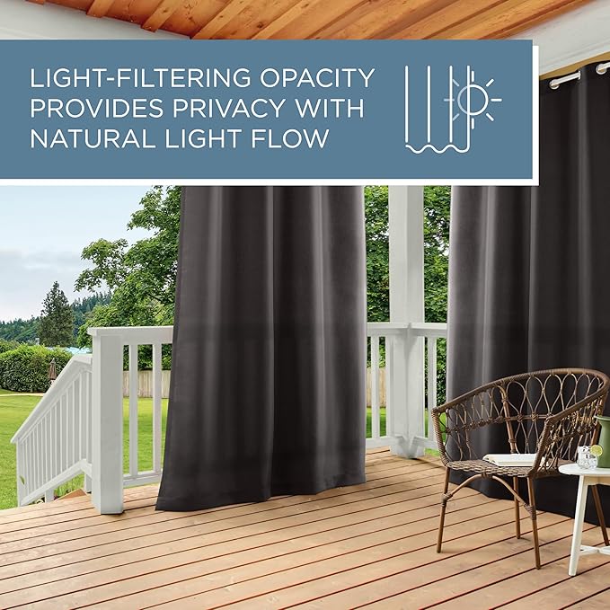 Town & Country Basics Cabana Solid Heavyweight Indoor Outdoor Curtains, Light Filtering Opacity with Grommet Top, Water Repellent, 2-Pack Set, 54"x96", Black