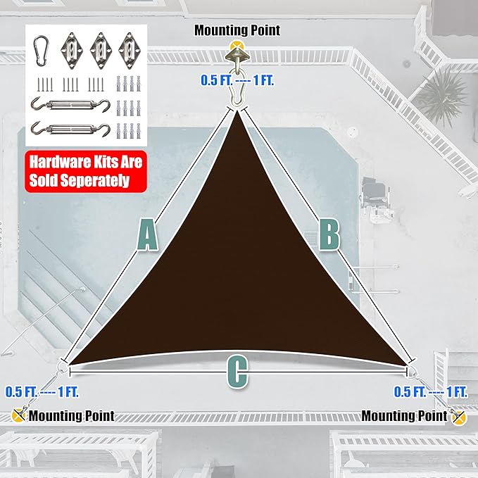 Amgo Custom Size 22' x 22' x 22' Brown Triangle Sun Shade Sail UPF50+ AGTAPRT12, Order to Make Canopy Awning, 95% UV Blockage, Water & Air Permeable, Commercial Standard (We Customize)